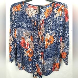 Zoe + Phoebe Blue Multicolored 3/4th Sleeve Shirt Sz M